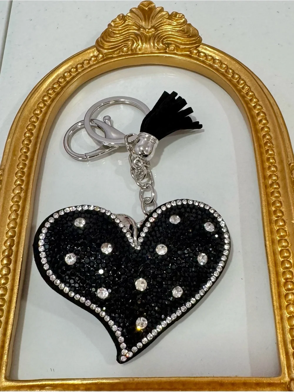 New Black Crystal Heart Keychain with Tassel